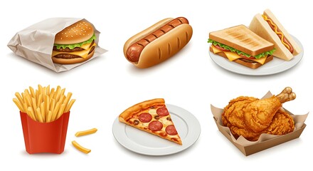 Delicious Fast Food Selection Burger, Hot Dog, Sandwich, Fries, Pizza, Fried Chicken - Culinary Delights