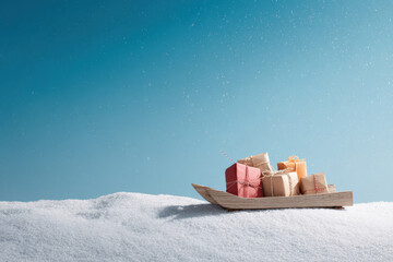 winter wonderland scene where beautifully wrapped gifts sit atop snowcovered sled under warm glow of winter sun