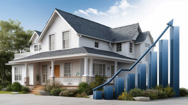 Beautiful house with modern design, surrounded by greenery, features rising graph symbolizing growth and investment potential