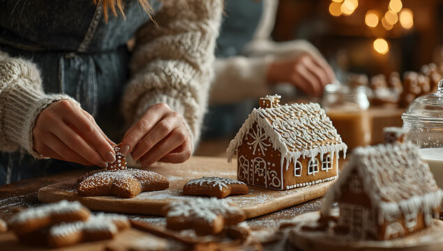 Close up of women decorating christmas gingerbread cookies at home - Powered by Adobe