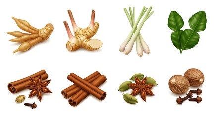 Assortment of Exotic Spices and Herbs Vector Illustration
