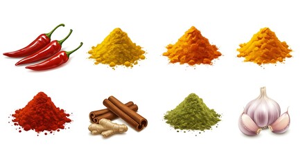 A vibrant collection of aromatic culinary spices and fresh natural ingredients, showcasing rich colors and unique textures for diverse cooking and healthy cuisine