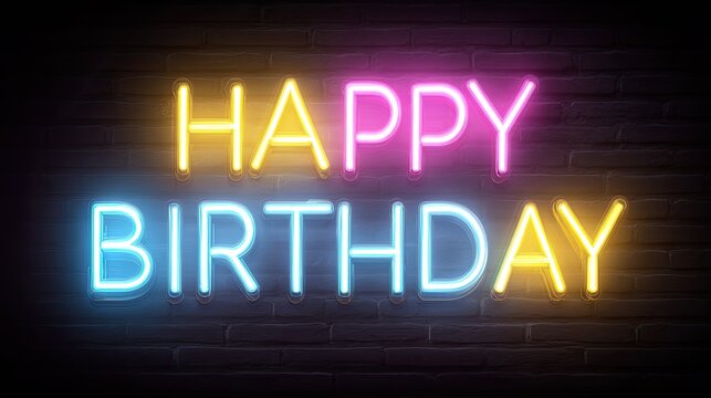 Colorful Neon Sign Displaying Happy Birthday in Bright Lights - Powered by Adobe