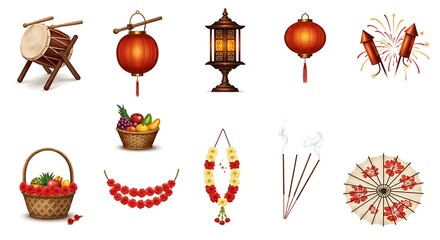 Collection of festive and cultural icons including lanterns, fireworks, musical instruments, fruits, incense, and traditional decor
