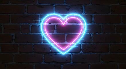 A vibrant neon heart sign glowing in pink and blue colors against a dark brick wall background, creating a modern and eye-catching visual effect