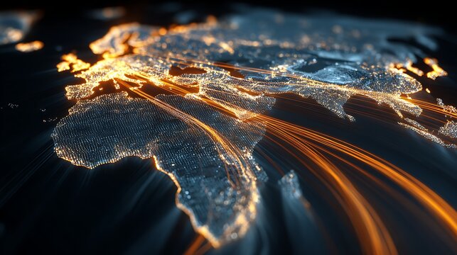 Shows the flow of money as a light line across a world map. - Powered by Adobe