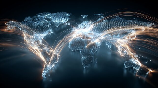 Shows the flow of money as a light line across a world map.