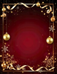 Luxurious deep red Christmas background featuring gold ornaments and glowing festive frame
