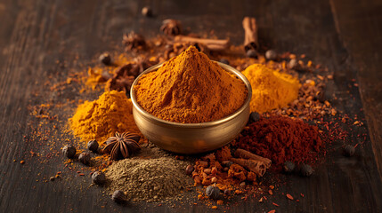 vibrant culinary spice display with chili powder, cinnamon, star anise, and peppercorns