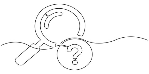 Continuous one line drawing of Paper document question mark photos with magnifying glass. Single line drawing illustration set of office document. Office notes concept. vector illustration