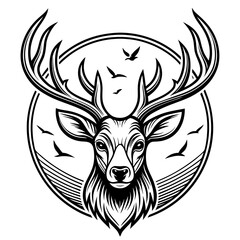 Obraz premium Majestic Deer Emblem: A stylized emblem of a deer, featuring impressive antlers and a captivating gaze, surrounded by a circular frame and birds, exuding a sense of wild elegance.