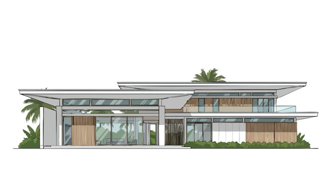 Architectural Rendering: Modern Two-Story Home Design with Flat Roof and Lush Greenery showcases advanced design and innovative use of architectural