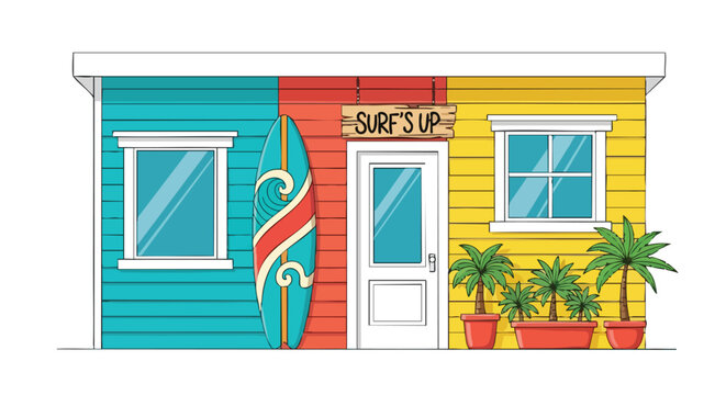 Vibrant beach shack illustration evoking summer vibes and coastal living, featuring a surfboard, palm trees, and bright colors capturing the spirit