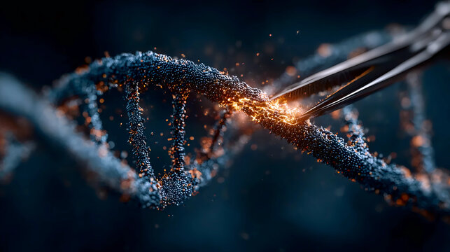 3D Visualization of DNA Editing with Scissors, Gene Editing Technology and CRISPR Concept, Genetic Engineering and Molecular Modification
