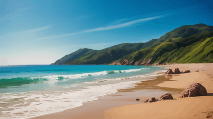 Idyllic tropical beach with turquoise ocean waves and lush green mountains