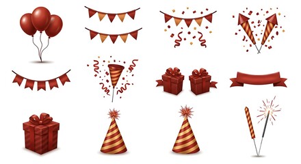 Collection of festive red and gold celebration elements, including balloons, gift boxes, party hats, confetti, and sparklers, perfect for joyous events and decorative designs