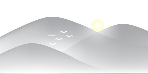 vector abstract art landscape mountain with birds and sunrise sunset by golden line art texture isolated on dark grey black background. eps 10.