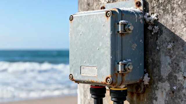 Medium shot of a weatherproof coastal junction box installed on a seaside structure showcasing its corrosionresistant features and secure sealing against saltwater exposure.