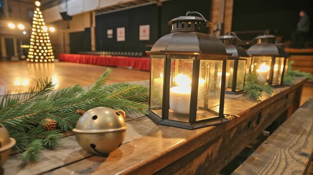 Warm candle lantern candlelight holiday lights evergreen garland brass jingle bell pine cone wooden table festive decor cozy glow indoor