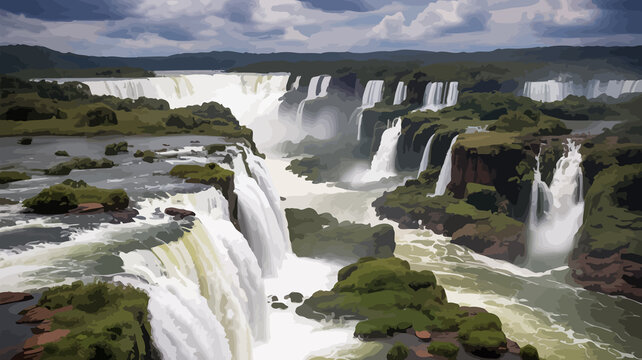Majestic iguazu falls cascading through lush green jungle under a dramatic cloudy sky