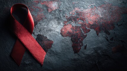 Red Ribbon Symbol on World Map Background for Awareness Campaign