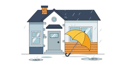 Conceptual illustration of a house protected by an umbrella during rainfall, highlighting safety and security in a minimalist style