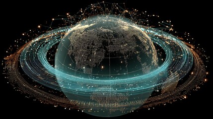 A glowing data ball revolves around the globe, representing the exchange of financial information.
