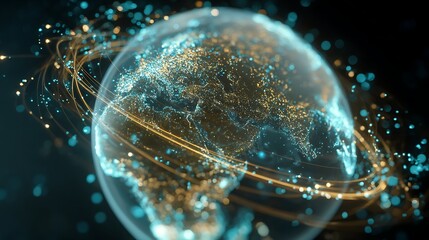 A glowing data ball revolves around the globe, representing the exchange of financial information.