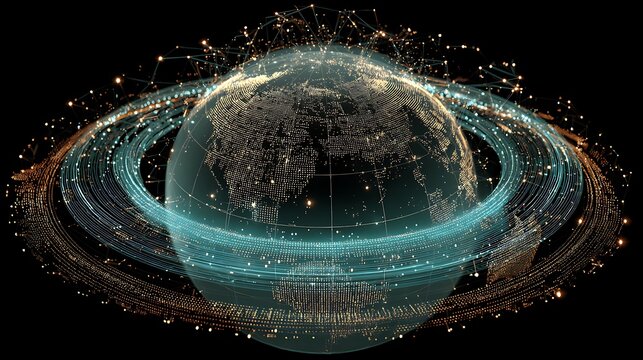 A glowing data ball revolves around the globe, representing the exchange of financial information.