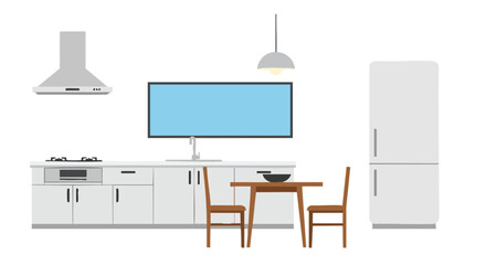 Stylized Kitchen Interior Rendering with Clean Lines and Modern Minimalist Design Aesthetics showcasing simplicity and functionality for