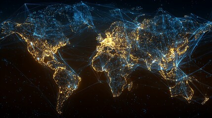 The world map indicates financial centers with golden dots connected by lines.