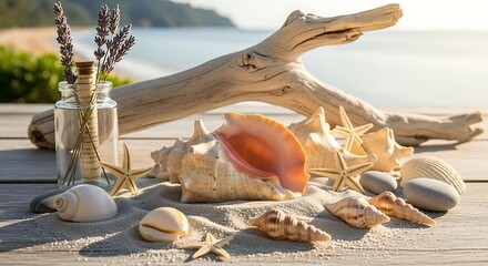 Seashells and driftwood on a wooden surface with lavender and a beach background.