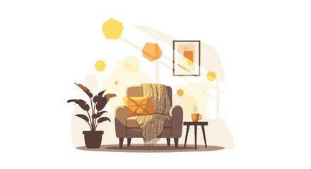 Cozy Indoor Aesthetic: Armchair, Plant, and Coffee in a Serene Setting for Relaxation and Comfort
