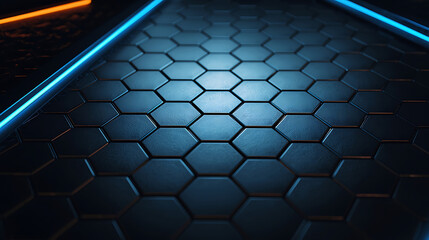 glowing hexagonal tile surface with neon blue and orange lights in sci-fi digital corridor