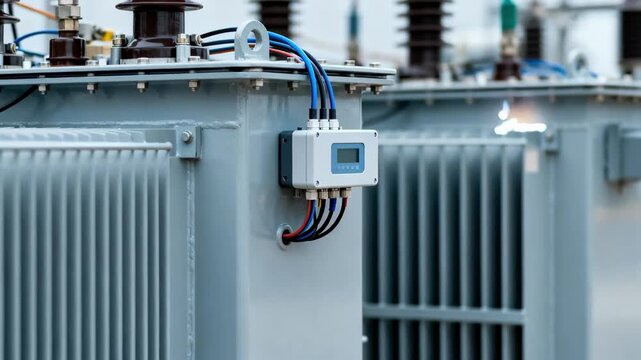 Medium shot of smart sensors installed on electrical transformers for continuous remote condition monitoring
