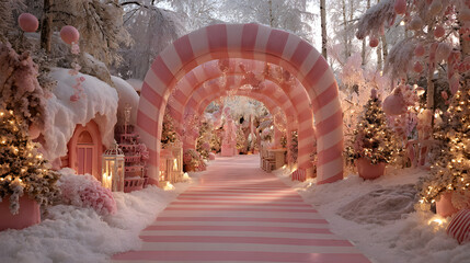 Candy cane Christmas wonderland with pink arches and frosted decorations.