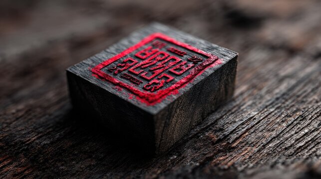 Red Seal on Wooden Block with Textured Background and Detail
