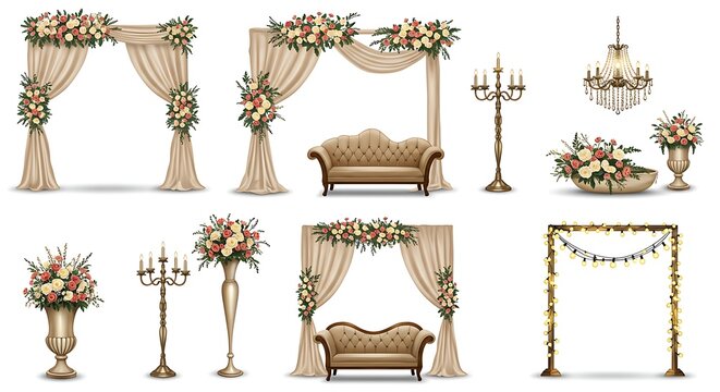 Elegant collection of luxurious wedding decorations featuring ornate arches, floral arrangements, vintage sofas, chandeliers, and candelabras for festive events and celebrations