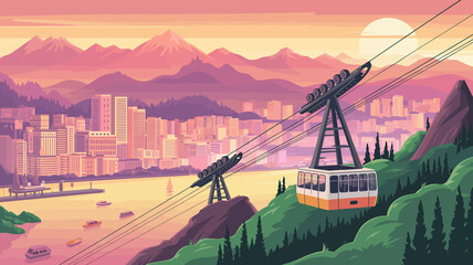 Pixel art cityscape with cable cars and mountains at sunset