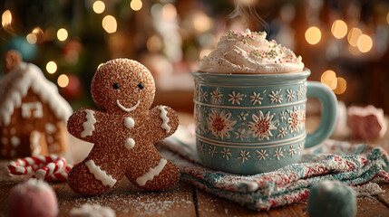 A gingerbread man cookie sitting next to a mug of hot chocolate, surrounded by Christmas decorations. The scene is cozy and festive.