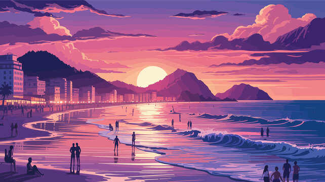 Vibrant pixel art sunset over a tranquil beach with rolling waves and distant mountains