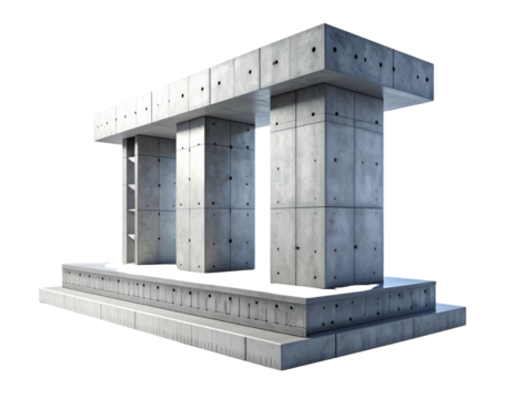 Modern concrete structure with pillars and base on black background