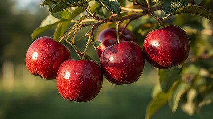 fresh apples on tree with glossy skin and blurred background for harvest or agriculture theme