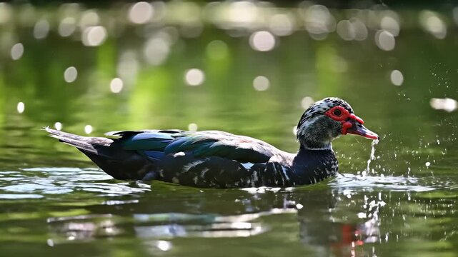 Muscovy Duck Swimming Slowly in a Pond on a Sunny Day