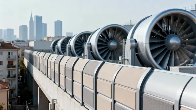 Medium shot of urban turbine site showcasing advanced noise reduction barriers integrated into cityscape to minimize acoustic impact on residents.