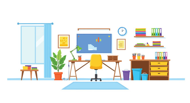 Vibrant home office setup with bright yellow chair and organized workspace showcasing an inspiring environment filled with natural light and