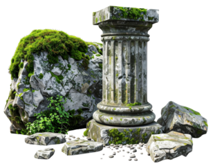 Ancient stone column and mossy rocks in a dark setting