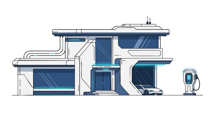 Futuristic home concept art displaying sustainable energy and innovative architectural design, with electric vehicle charging station and modern