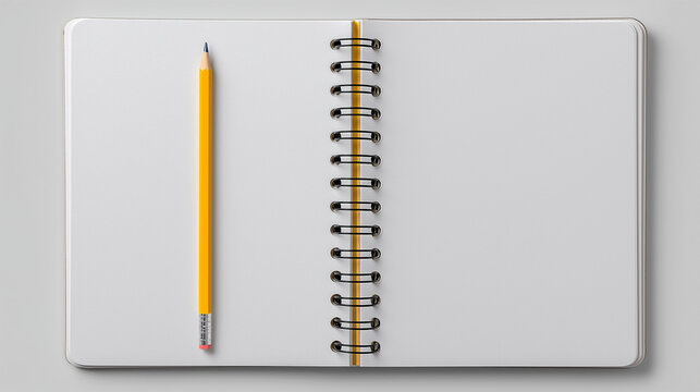 Blank spiral notebook with a yellow pencil, top view. Isolated on a white background