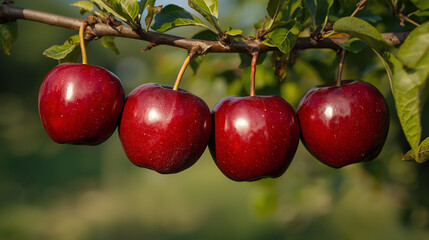 fresh apples on tree with glossy skin and blurred background for harvest or agriculture theme